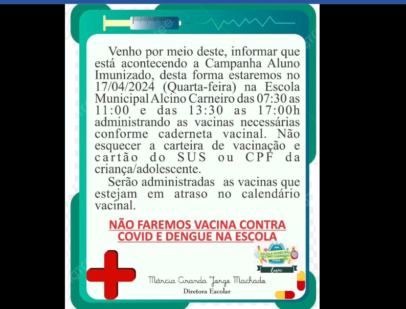 Imagem de compartilhamento para o artigo Profissionais realizam Campanha Aluno Imunizado em escola de Alcinópolis da MS Todo dia
